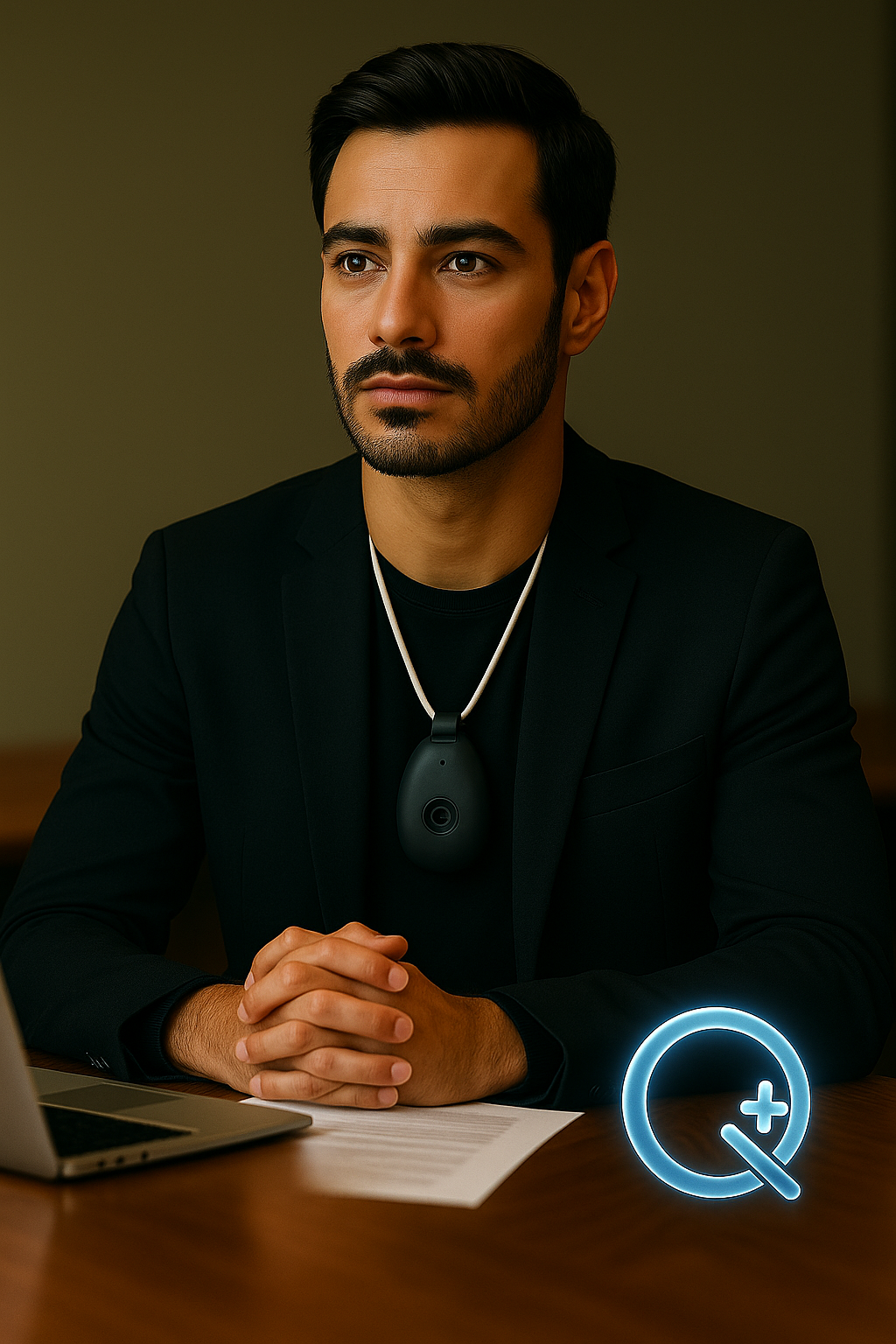 Homme portant un Q-Pendant noir dans un contexte urbain de nuit