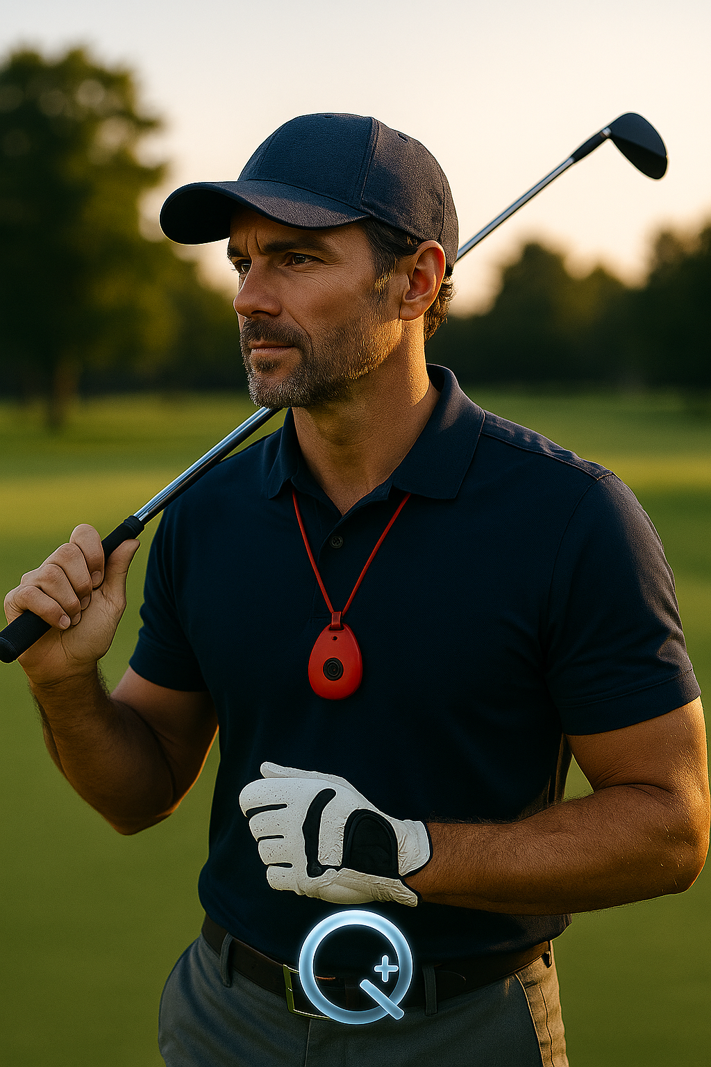 Homme sur un terrain de golf, portant un Q-Pendant rouge