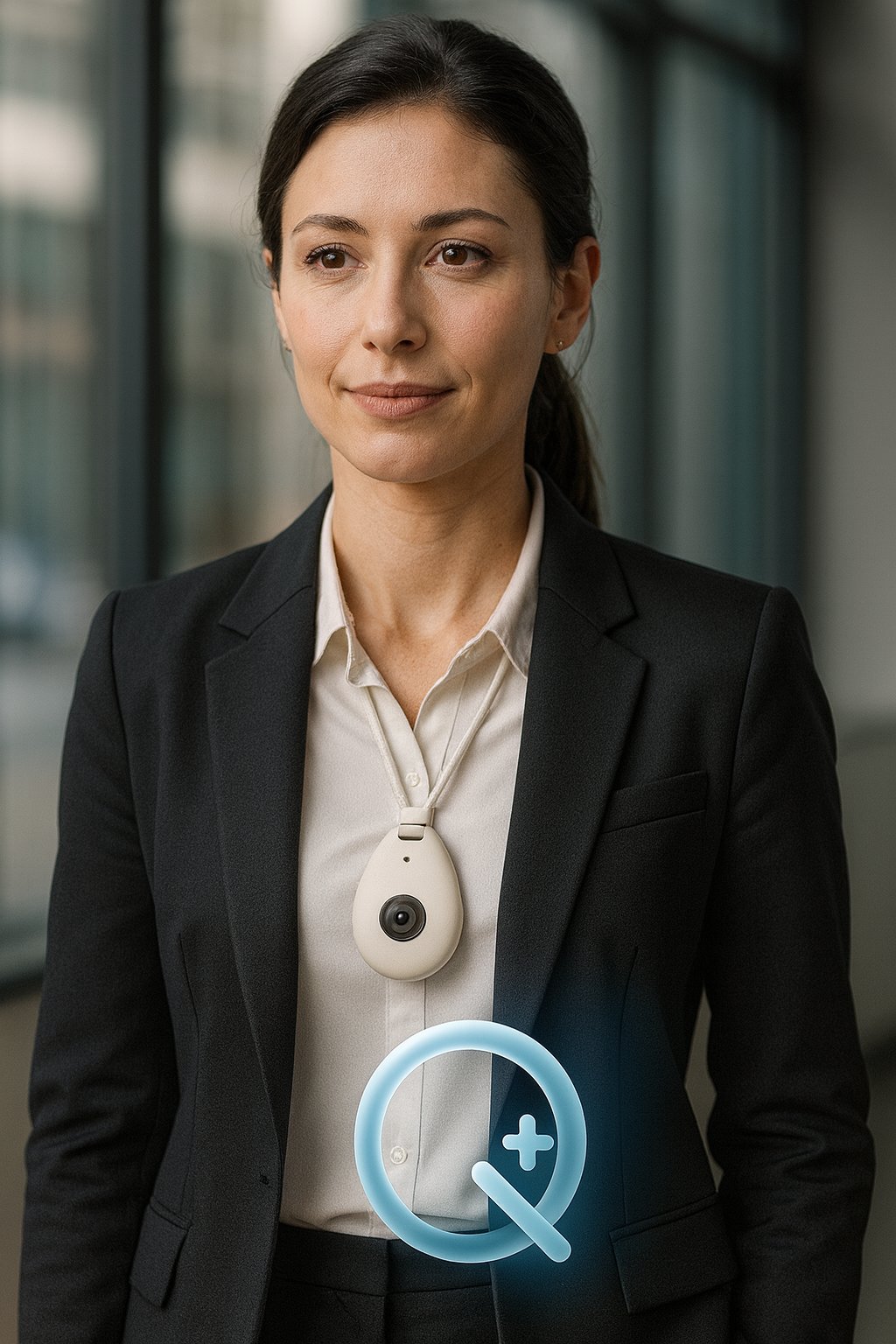 Femme en tenue professionnelle, portant un Q-Pendant ivoire