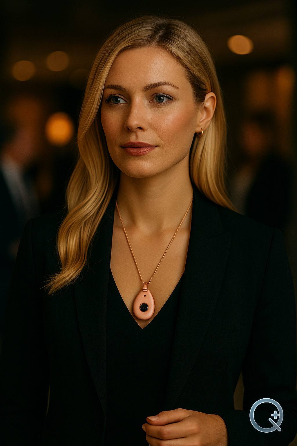 Femme élégante portant un Q-Pendant rose gold lors d’une soirée