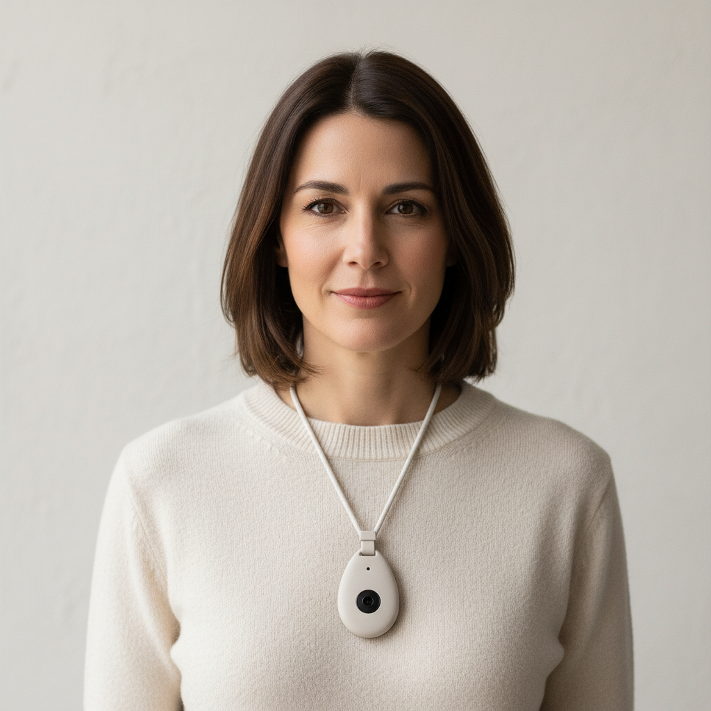 Femme portant Q-Pendant comme bijou discret au quotidien