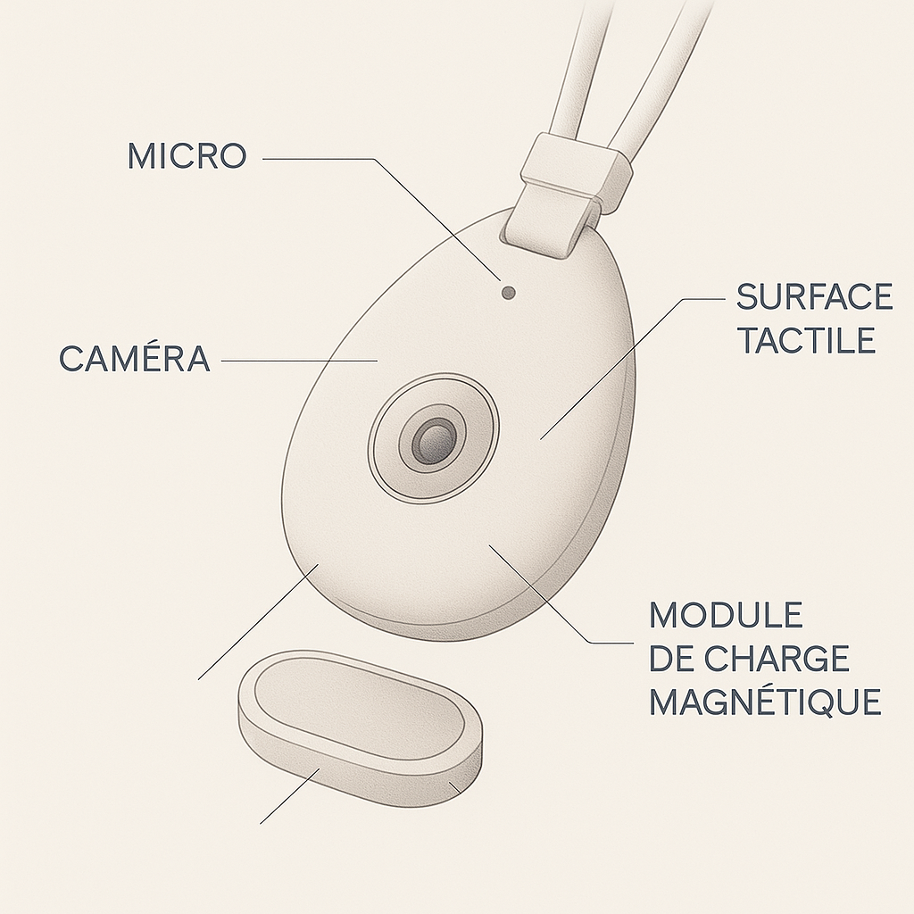 Schéma technique de Q-Pendant avec caméra, micro, surface tactile et charge magnétique