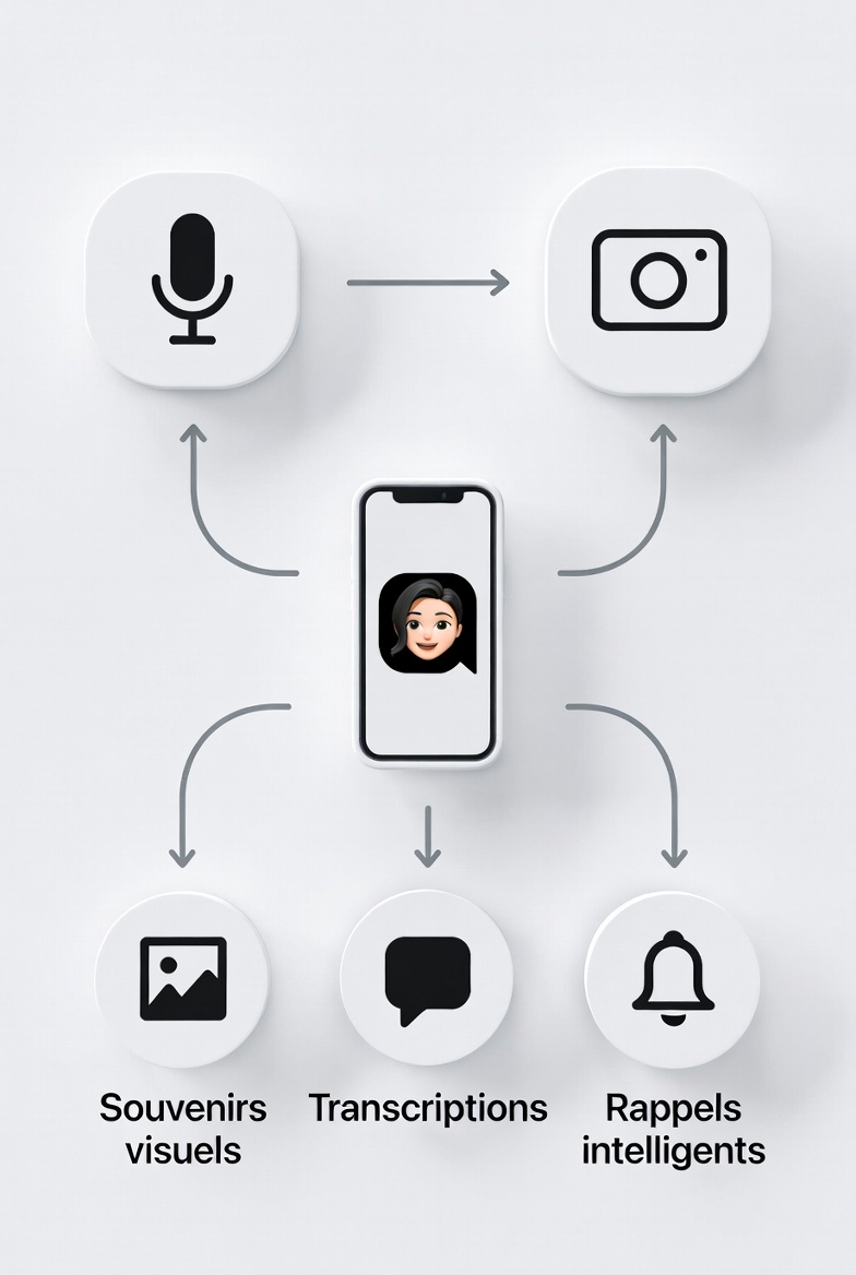 Schéma montrant comment Q-App reçoit les audios et vidéos, les analyse et les restitue au bon moment